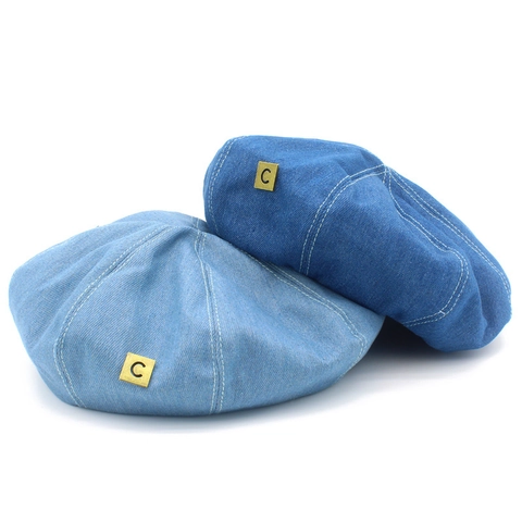 Vintage Damen Denim Baskenmütze Kontrastnähte C Buchstabe Metalldekor Verstellbare Schirmmütze Baumwolle Künstlerische Kopfbedeckung