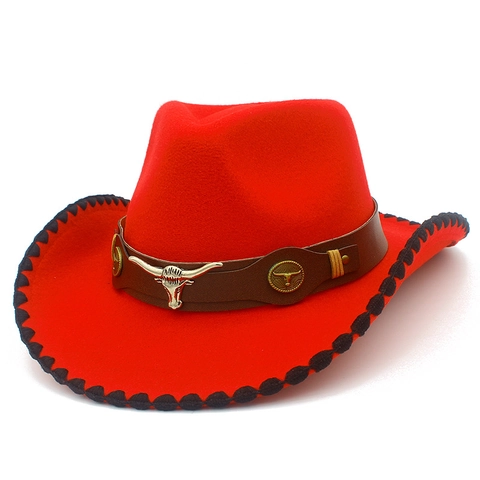 Retro Western Cowboy Hat For Men Women Wide Brim Felt Fedora Bull Head Metal Decor Leather Band Out Door Sun Hat