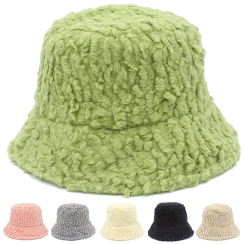 Sombrero de Pescador de Lana de Cordero Cálido de Invierno para Mujer Sombrero de Felpa Grueso Resistente al Viento Casual Color Sólido