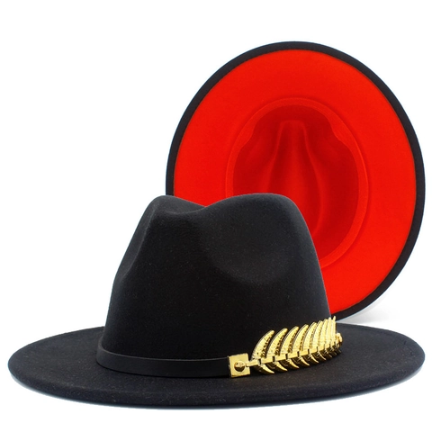 Vintage Two-Tone Fedora Hat For Women Men Wide Brim Jazz Hat With Golden Feather Metal Decor Contrast Color Cotton Blend Felt Hat
