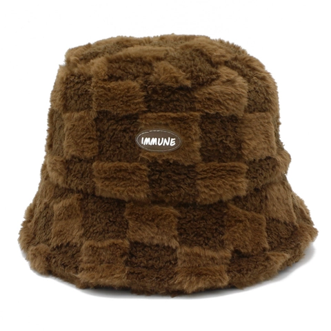 Sombrero de Pescador de Peluche a Cuadros para Mujer Invierno Cálido de Piel Sintética con Parche de Letras Gorra Casual de Exterior