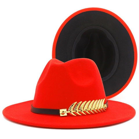 Vintage Two-Tone Fedora Hat For Women Men Wide Brim Jazz Hat With Golden Feather Metal Decor Contrast Color Cotton Blend Felt Hat