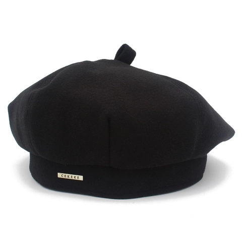 Klassische Schwarze Baumwolle Baskenmütze Für Damen Vintage Retro Malermütze Mit Buchstaben Metalldekor Herbst Winter Warm