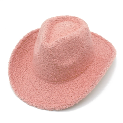 Damen Winter Warm Teddy Lammwolle Western Cowboy Hut Breite Krempe Einfarbig Mode Retro Outdoor Zubehör Fedora Hut
