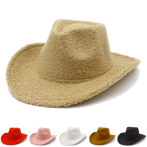 Damen Winter Warm Teddy Lammwolle Western Cowboy Hut Breite Krempe Einfarbig Mode Retro Outdoor Zubehör Fedora Hut