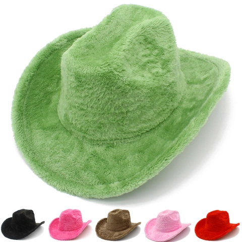 Western Plush Faux Fur Cowboy Hat For Women Men Warm Winter Jazz Cap Solid Color Outdoor Party Fashion Decorative Headwear