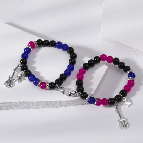 Handmade Magnetic Beaded Couple Bracelet Set With Guitar Heart Star Charms Glass Beads Friendship Bracelets For Men Women