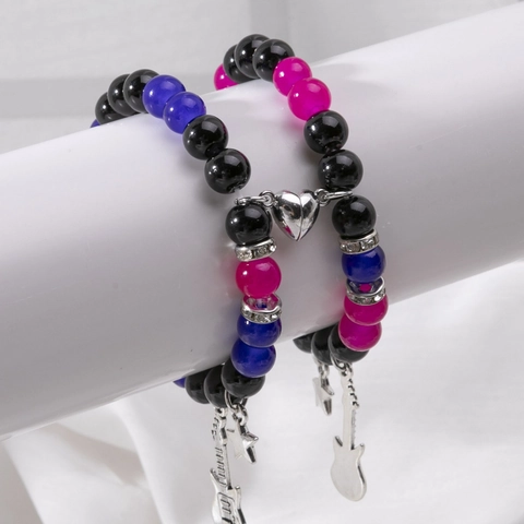 Handmade Magnetic Beaded Couple Bracelet Set With Guitar Heart Star Charms Glass Beads Friendship Bracelets For Men Women
