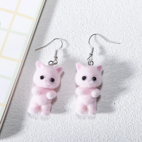 Süße 3D Beflockte Katzen Ohrhänger Für Damen Harz Tier Kätzchen Ohrringe Rosa Grau Schmuck Geschenk