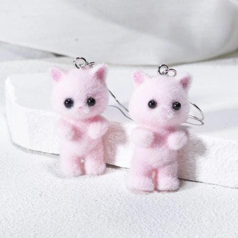 Süße 3D Beflockte Katzen Ohrhänger Für Damen Harz Tier Kätzchen Ohrringe Rosa Grau Schmuck Geschenk