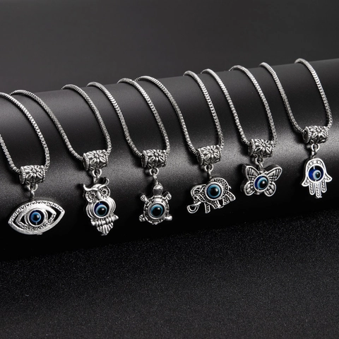 Evil Eye Animal Pendant Necklace For Women Silver Tone Alloy Box Chain Hamsa Hand Butterfly Owl Elephant Turtle Jewelry