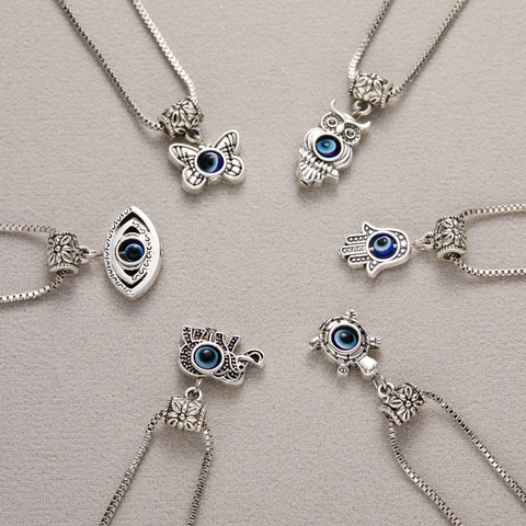 Evil Eye Animal Pendant Necklace For Women Silver Tone Alloy Box Chain Hamsa Hand Butterfly Owl Elephant Turtle Jewelry