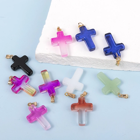 Pendentifs Croix en Verre Multicolores Dégradés Accessoires de Bijoux DIY Avec Bélière en Métal Doré pour Colliers