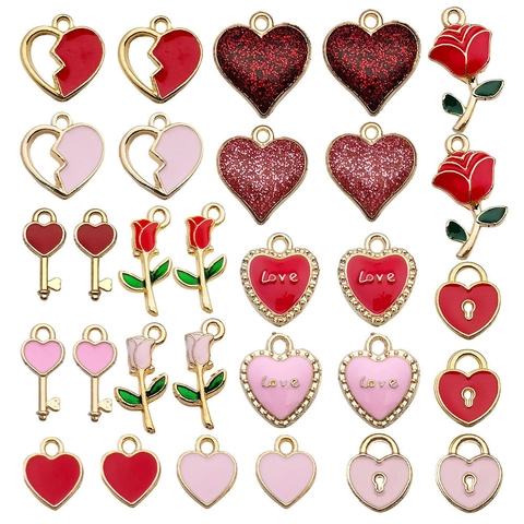 Alloy Enamel Heart Rose Charms For Valentine DIY Jewelry Making Hollow Love Flower Wings Rhinestone Pendant Accessory