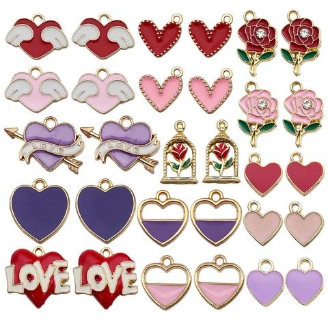 Mixed Enamel Alloy Heart Rose Wing Charms For Valentine's Day DIY Jewelry Making Accessories Pendant For Bracelet Keychain