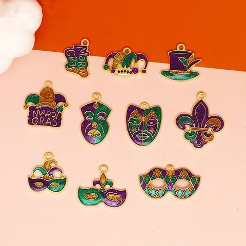 Mardi Gras Carnival Alloy Enamel Charms For Jewelry Making Purple Green Gold Glitter Mask Jester Hat Fleur-de-lis Pendant DIY Accessories