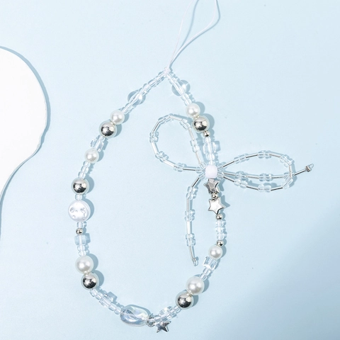 Ciondolo Per Cellulare in Perline Fatto A Mano Con Fiocco Perline Trasparenti Stella in Lega Finta Perla Artificial Accessorio Per Borsa Donna Portachiavi