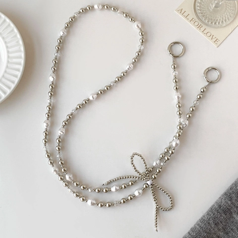 Fashion Crossbody Mobile Phone Lanyard Faux Artificial Pearl Bowknot Beaded Long Chain For Women Plastic Bag Hanging Accessories Decoration