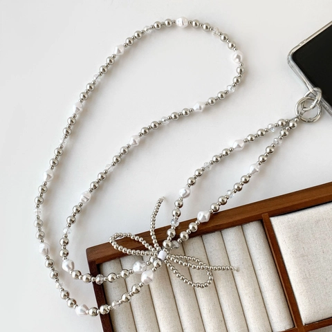 Fashion Crossbody Mobile Phone Lanyard Faux Artificial Pearl Bowknot Beaded Long Chain For Women Plastic Bag Hanging Accessories Decoration