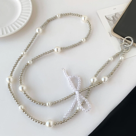 Elegante Cordino per Telefono in Perle Sintetiche a Tracolla Con Fiocco Decorativo Catena Lunga con Perline Argento per Donna Accessori Cellulare
