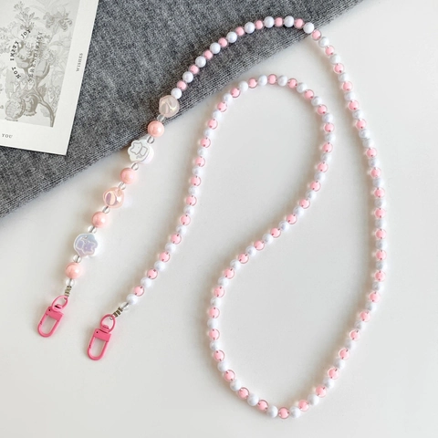 Women Pink White Acrylic Beaded Phone Lanyard Crossbody Chain With Cat Claw Flower Charm Anti-Drop Bag Shoulder Strap
