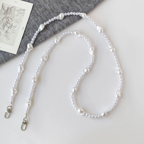 Baroque Irregular Artificial Pearl Crossbody Phone Chain Bag Strap For Women Elegant White Plastic Bead Lanyard Silver Alloy Clasp