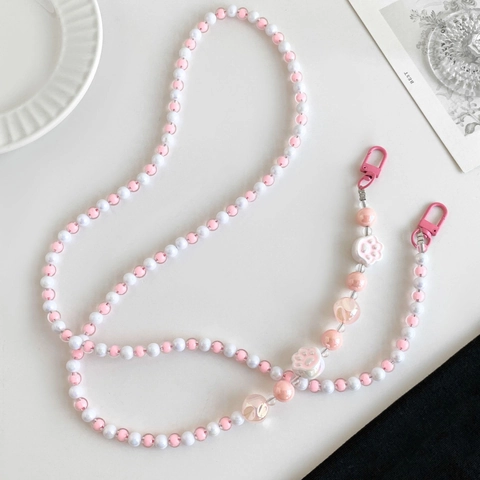 Women Pink White Acrylic Beaded Phone Lanyard Crossbody Chain With Cat Claw Flower Charm Anti-Drop Bag Shoulder Strap