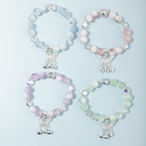 Damen Chinesischer Stil Schmetterling Perlenarmband Legierung Glocke Anhänger Crackle Glas Kristallperlen Handschmuck Reise Geschenk