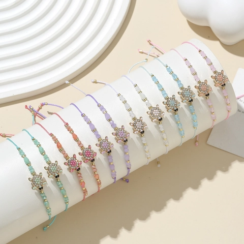 Bohemian Multicolor Sea Turtle Woven Bracelets Alloy Crystal Turquoise Wood Beads Adjustable Ocean Beach Jewelry For Women