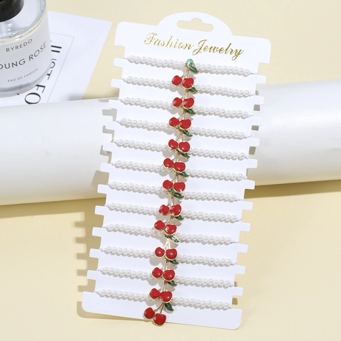 Collezione Braccialetti di Künstliche Perle Sintetiche con Ciliegia Ciondolo Frutta Smaltato Gioielli in Lega per Donna Regalo