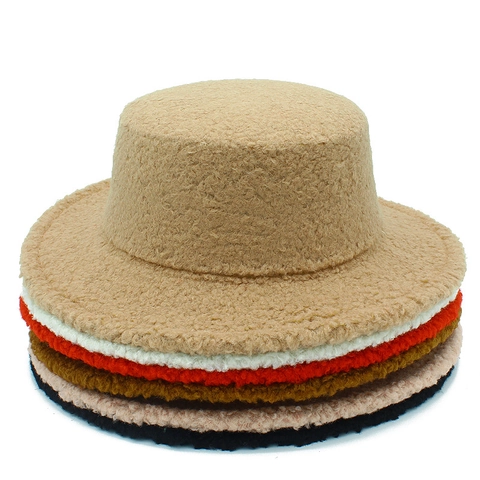 Cappello Fedora Donna Vintage in Lana d'Agnello a Calotta Piatta Invernale Caldo Tesa Larga Tinta Unita Sherpa Teddy Fleece Accessorio Moda