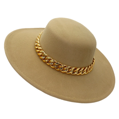 Sombrero Fedora Vintage Mujer Copa Plana Ala Ancha Decoración Cadena Oro Fieltro Lana Bolero Jazz Sombrero Fiesta Casual Moda