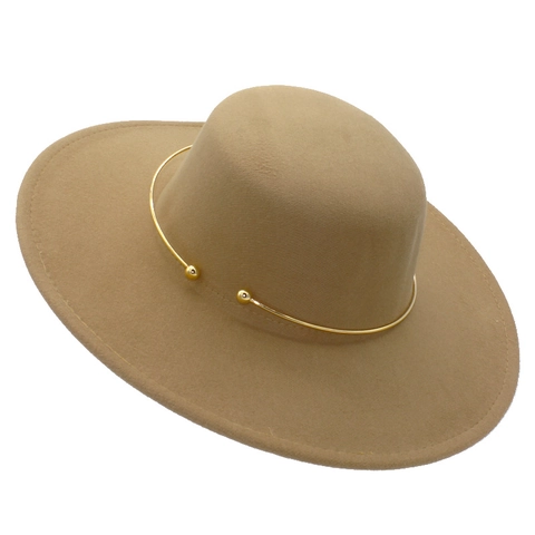 Vintage Flat Top Wide Brim Wool Felt Fedora Hat With Gold Metal Trim Large Brim Boater Jazz Hat For Men Women