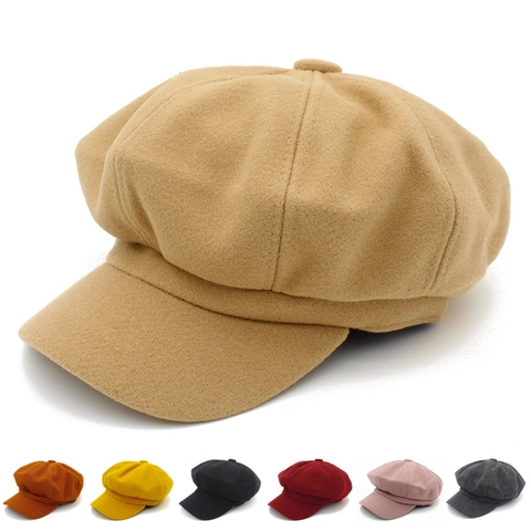 Women Vintage Solid Color Woolen Newsboy Cap Retro Octagonal Beret Hat Thick Warm Painter Hat For Autumn Winter Fashion Accessories