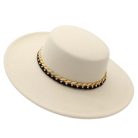 Retro Britischer Stil Flacher Deckel Boater Hut Für Damen Mit Metallkette Dekoration Breite Krempe Polyester Baumwollmischung Jazz Fedora Hut