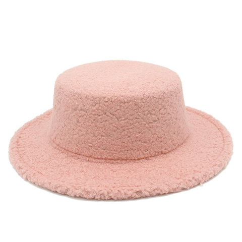 Cappello Fedora Donna Vintage in Lana d'Agnello a Calotta Piatta Invernale Caldo Tesa Larga Tinta Unita Sherpa Teddy Fleece Accessorio Moda