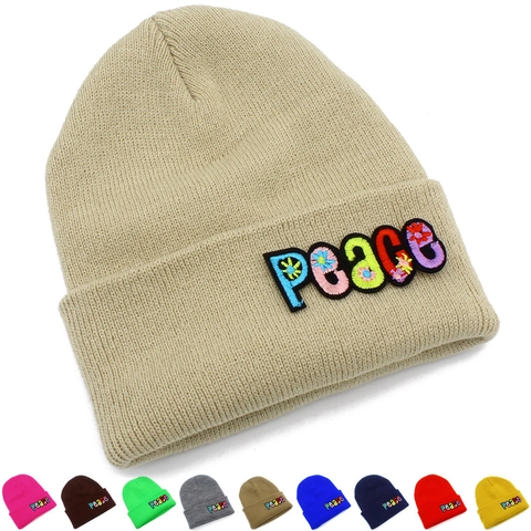 Peace Letter Embroidery Knitted Beanie For Men Women Winter Warm Windproof Patchwork Floral Pattern Casual Cuff Beanie Hat