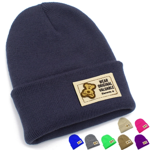 Berretto Invernale a Maglia Unisex Caldo Morbido Cappello Con Risvolto a Costine E Toppa Orsetto Patchwork Moda Outdoor Copricapo Per Freddo