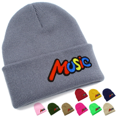 Music Letter Embroidery Knit Beanie For Men Women Winter Warm Hip Hop Streetwear Ribbed Cuff Skull Cap Multi Color