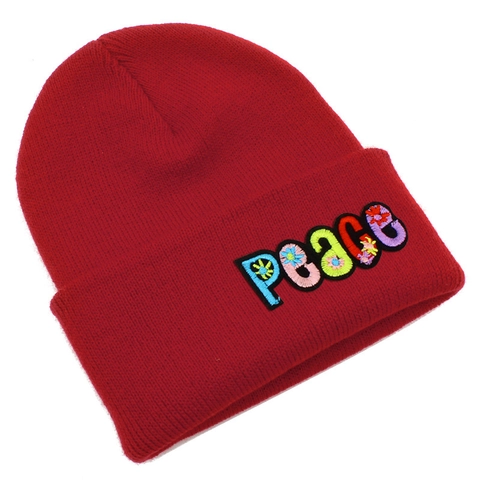 Peace Letter Embroidery Knitted Beanie For Men Women Winter Warm Windproof Patchwork Floral Pattern Casual Cuff Beanie Hat