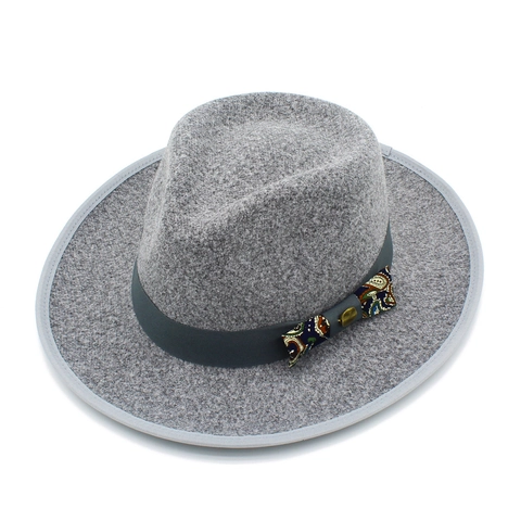 Vintage Wool Felt Fedora Hat For Women Wide Brim Jazz Hat With Paisley Bow Metal Button Autumn Winter Warm Elegant Hat