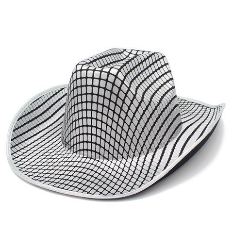 Metallic Grid Checkered Western Cowboy Hat For Adults Disco Party Costume Performance Stage Accessory Fedora Hat
