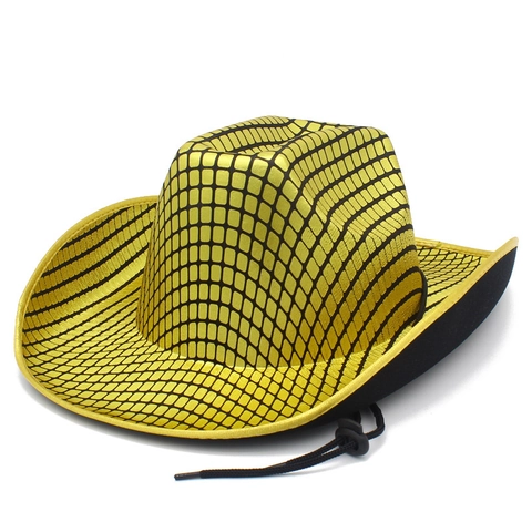 Metallic Disco Western Cowboy Hat Gold Silver Grid Pattern Party Carnival Costume Hat With Adjustable Chin Strap