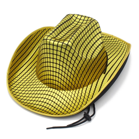 Metallic Disco Western Cowboy Hat Gold Silver Grid Pattern Party Carnival Costume Hat With Adjustable Chin Strap