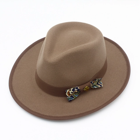 Vintage Wool Felt Fedora Hat For Women Wide Brim Jazz Hat With Paisley Bow Metal Button Autumn Winter Warm Elegant Hat