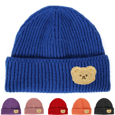 Korean Style Sweet Cute Bear Embroidered Knit Beanie Hat Winter Warm Ribbed Skull Cap For Women Men Couple Outdoor Fashion