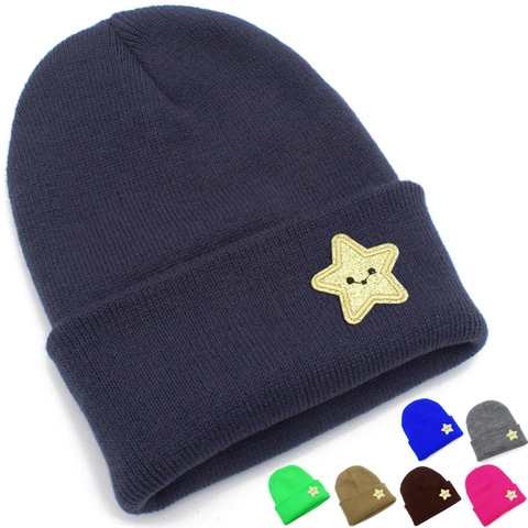 Korean Fashion Winter Warm Knit Beanie Hat Smiley Star Patch Sequin Embroidery Soft Slouchy Skull Cap For Women Men