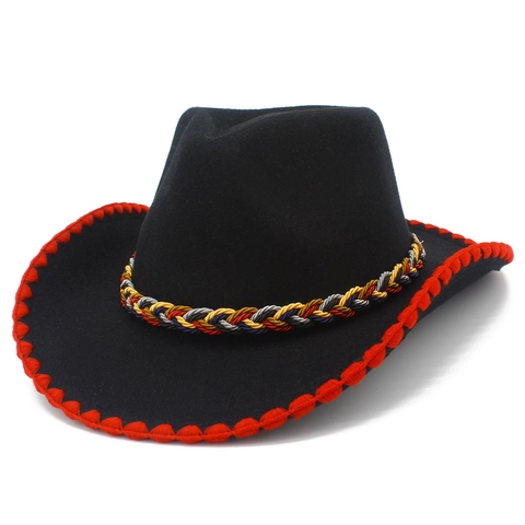 Ethnic Western Cowboy Fedora Hat For Women Men Colored Braid Band Wave Edge Cotton Polyester Felt Jazz Sun Hat