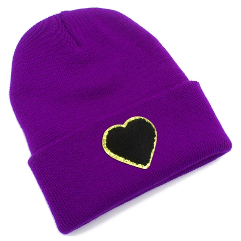 Women's Knitted Beanie Hat Warm Winter Cold Weather Cap With Gold Sequin Edge Heart Patch Solid Color Simple Headwear