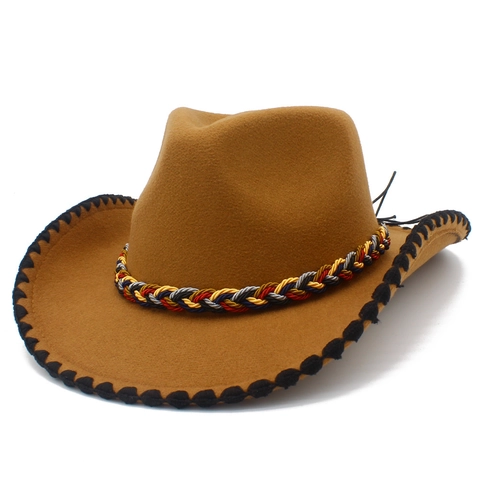 Ethnic Western Cowboy Fedora Hat For Women Men Colored Braid Band Wave Edge Cotton Polyester Felt Jazz Sun Hat